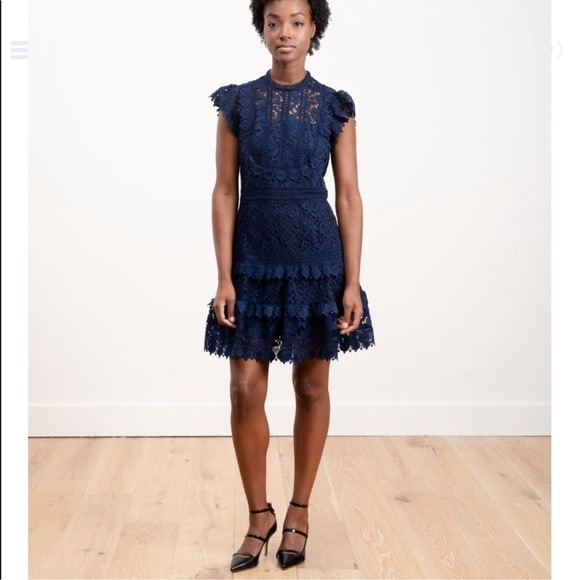 Sea NY Abby Puff Sleeve Lace Dress Navy Blue - Picture 3 of 13